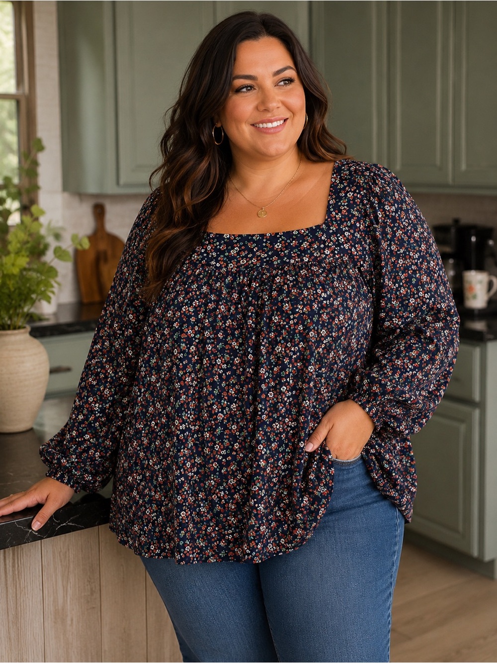 𝙇𝙪𝙘𝙠𝙮 𝘽𝙧𝙖𝙣𝙙 Top XXL Navy Floral Square Neck Peasant Blouse Long Sleeve